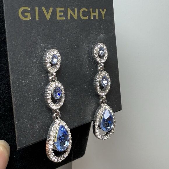 Givenchy Crystal Cut Linear Earrings In Silver & Sapphire New - Picture 4 of 8